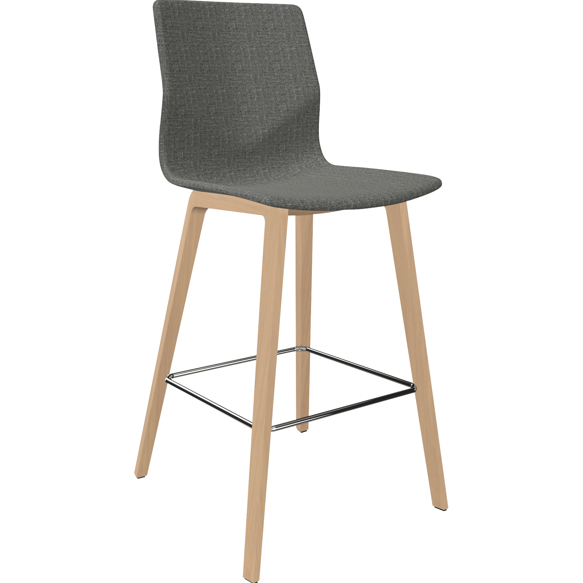A grey counter chair with wooden legs.