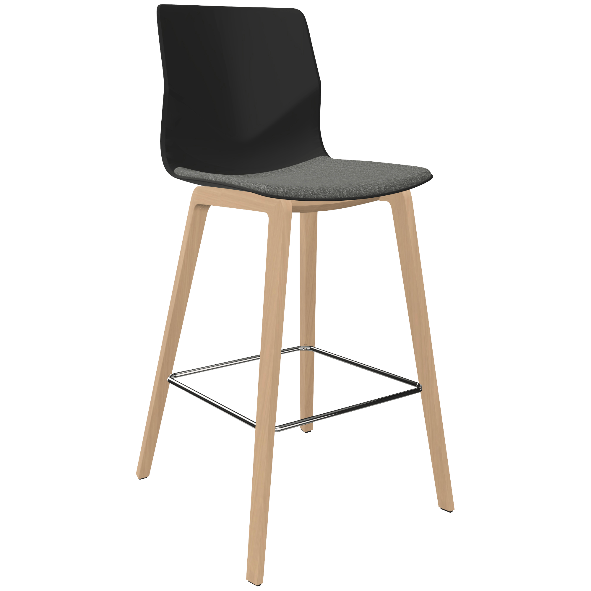 A black counter chair with grey seat with wooden legs.