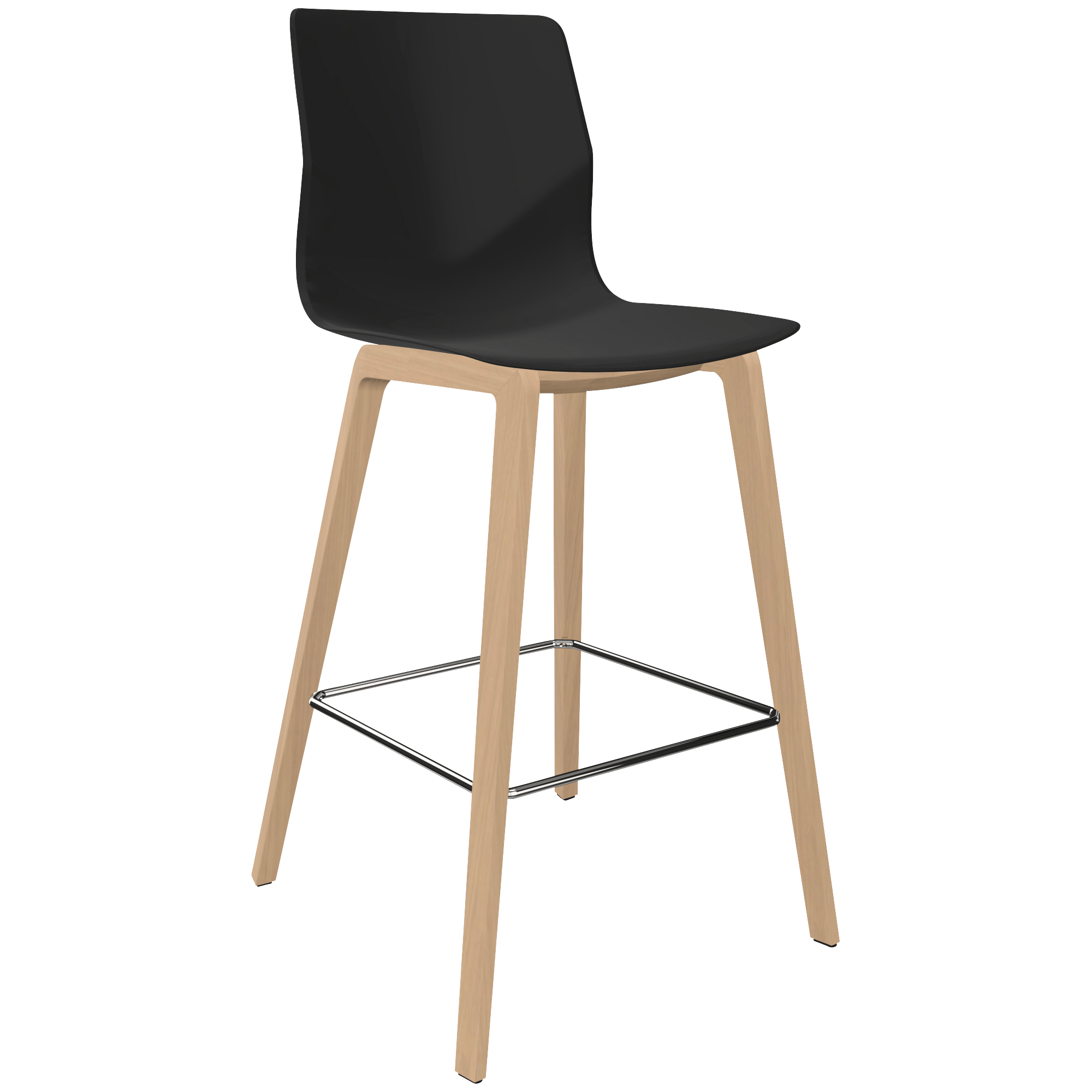 A black counter chair with wooden legs.
