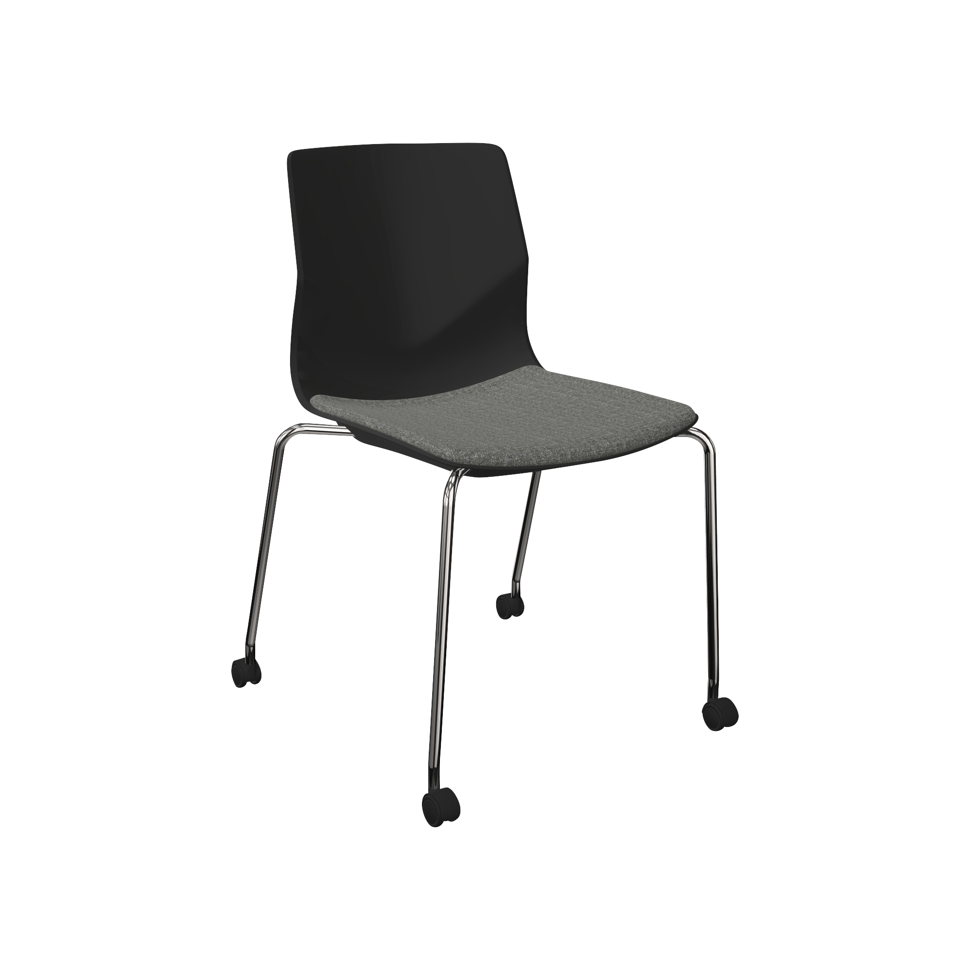 A grey and black chair with wheels