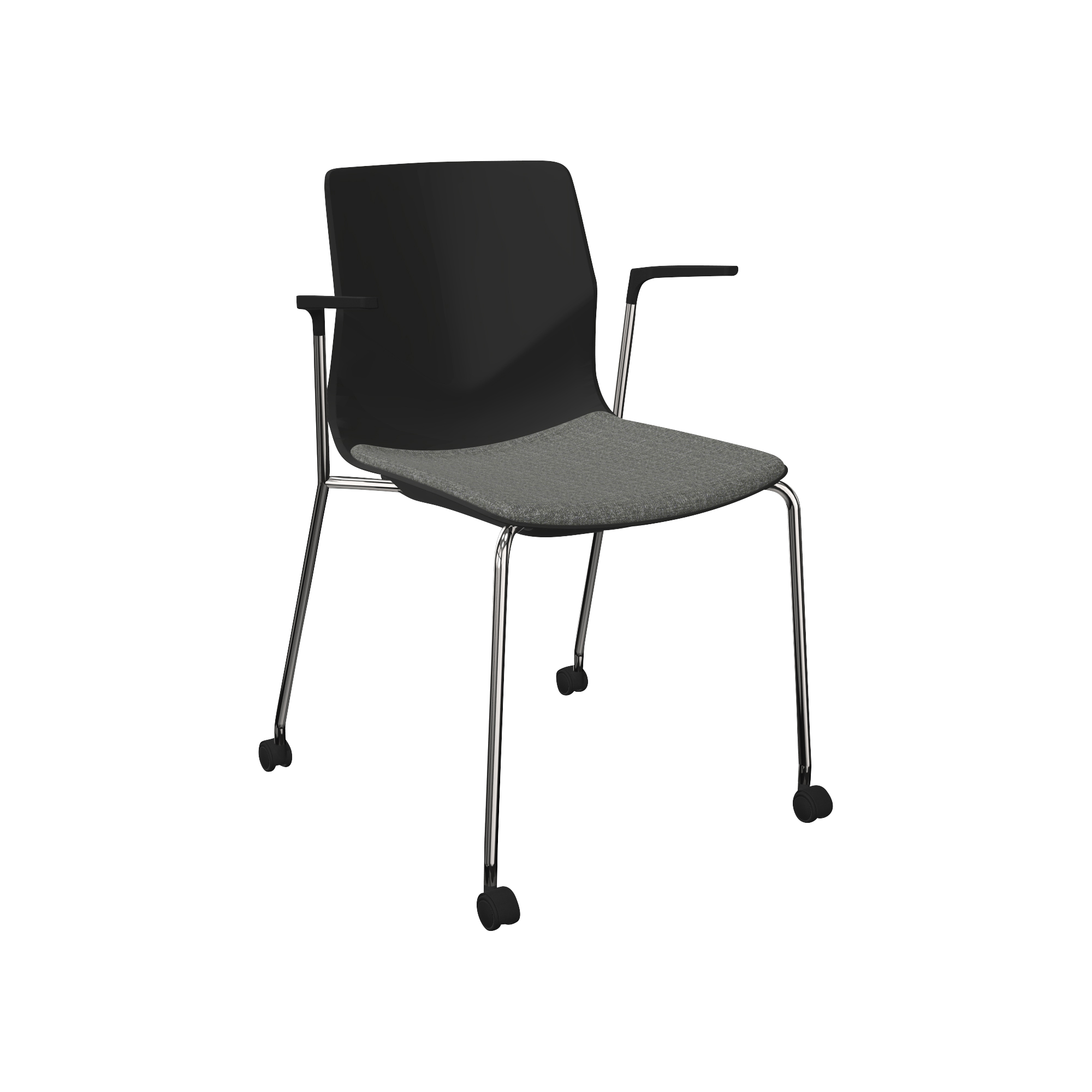 A black and grey chair with wheels
