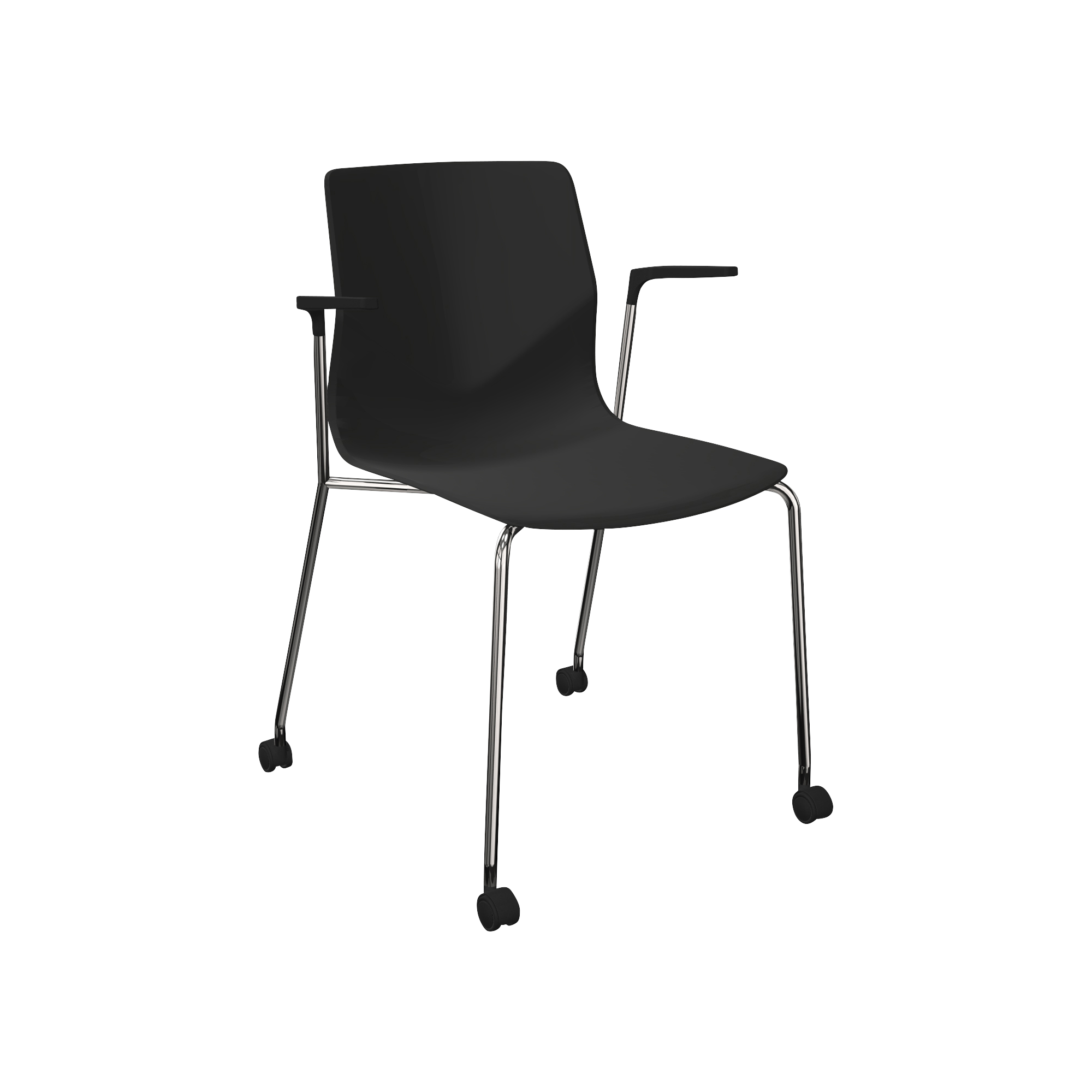 A black plastic chair with casters