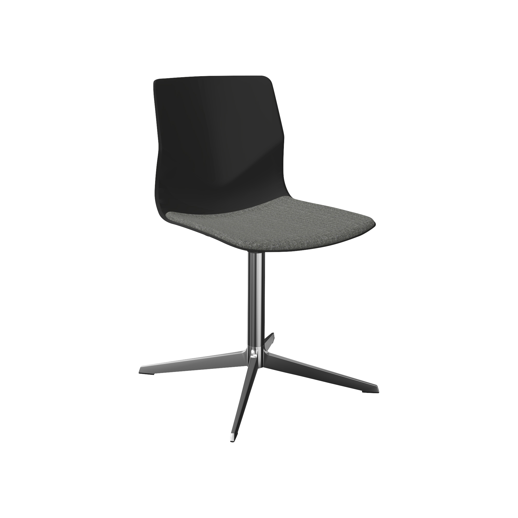 A black and grey office chair with a chrome pedestal leg