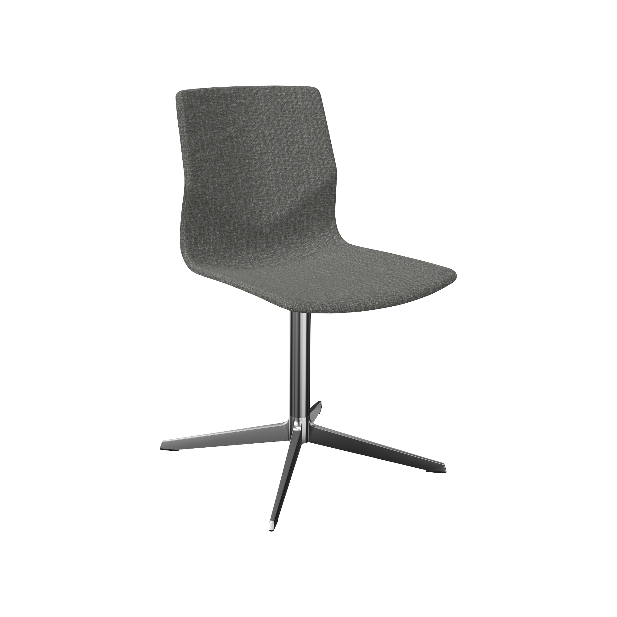 A grey office chair with a chrome pedestal leg