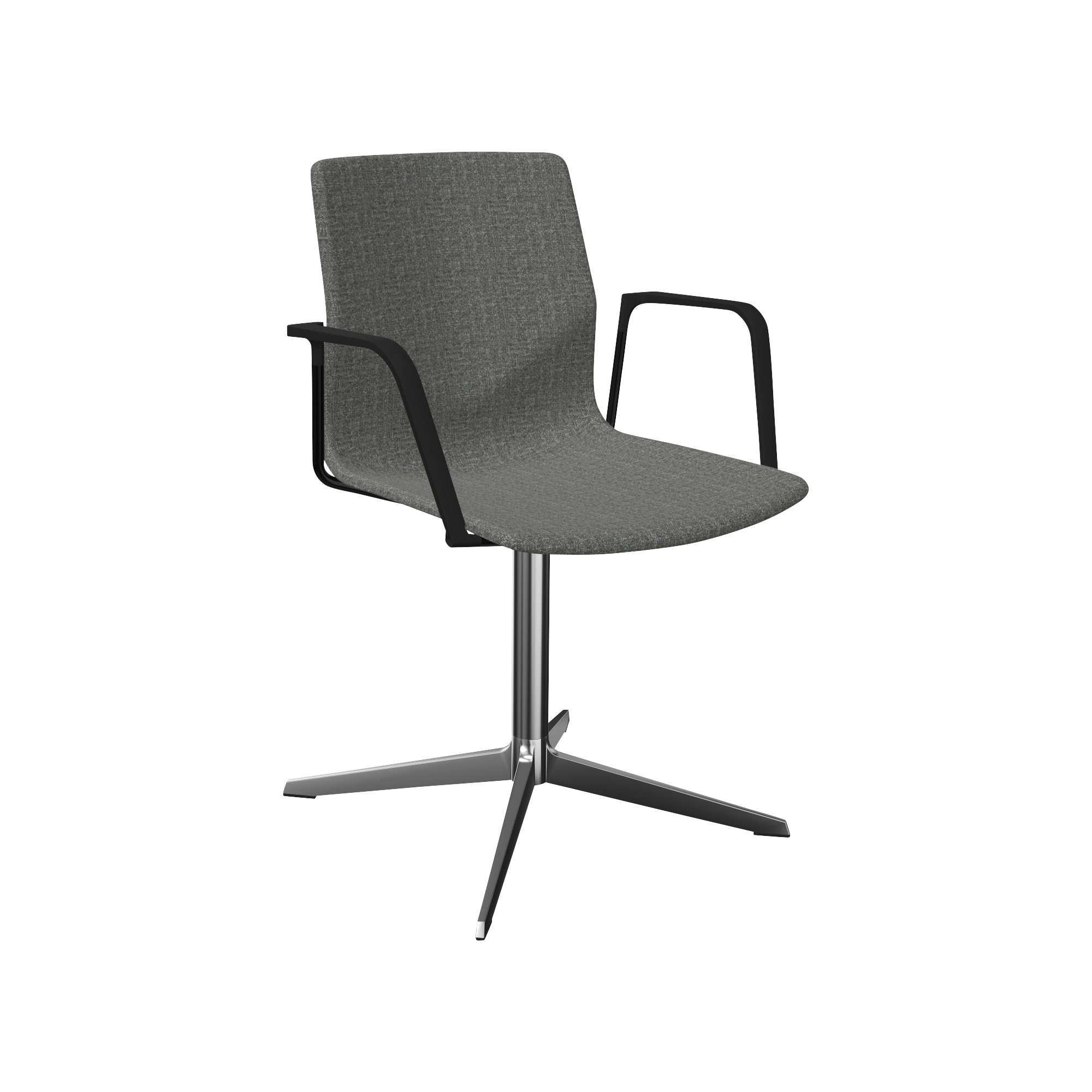 A grey office chair with a chrome pedestal leg and arm rests