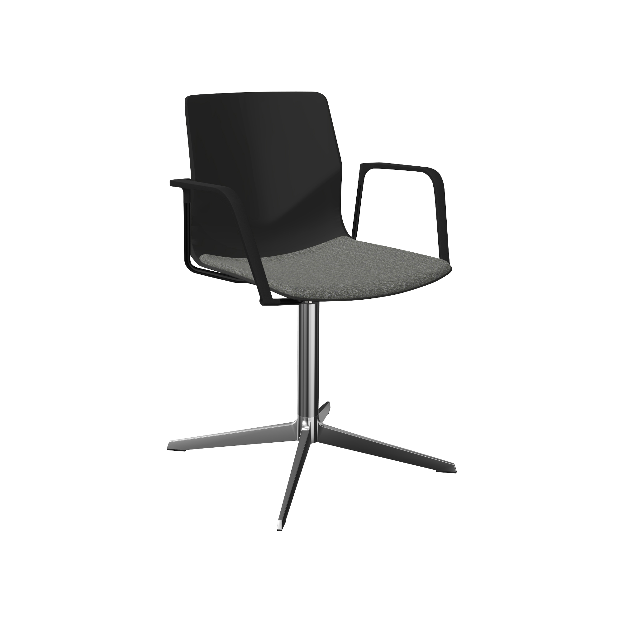 A black office chair with a chrome pedestal leg and arm rests