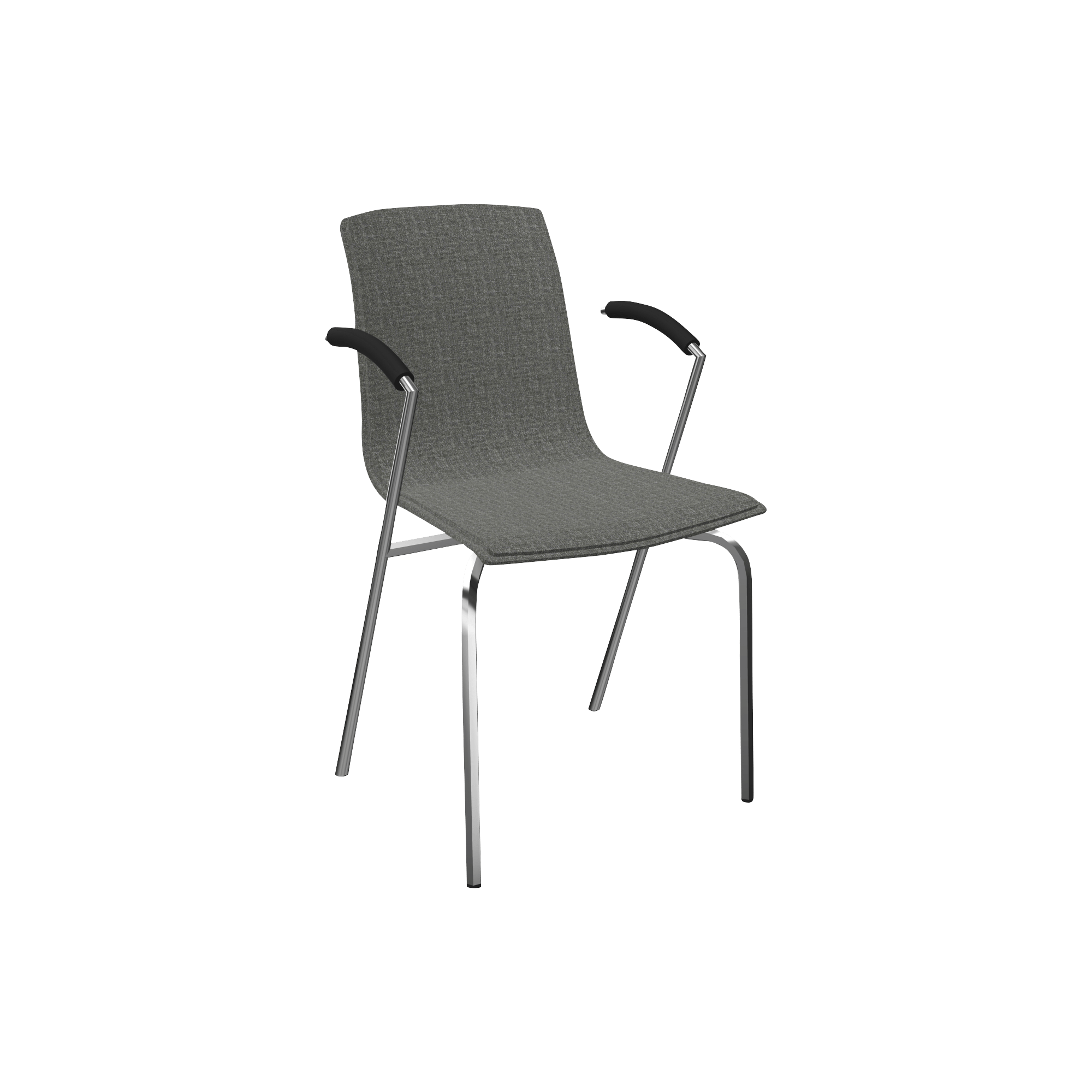 Grey chair with arm rests and four chrome legs