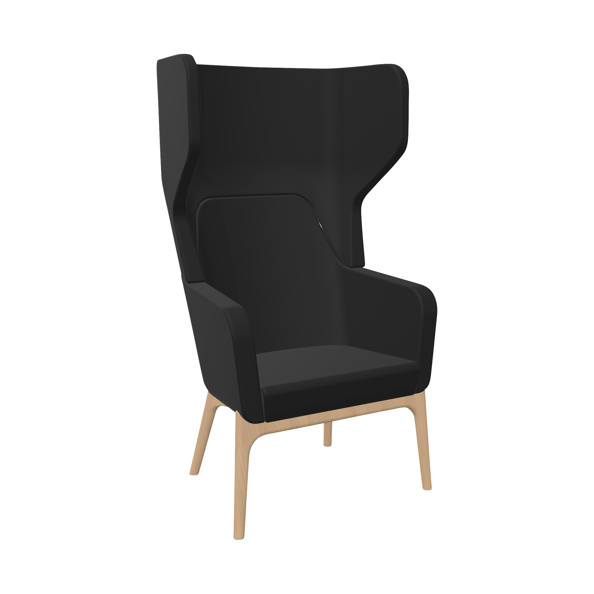 Black upholstered chair with high head back rest and four wooden legs