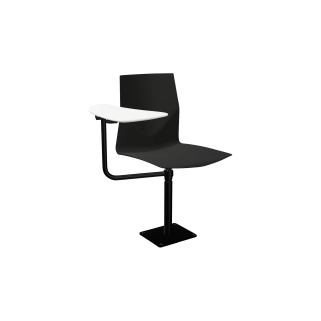 A black pedestal chair with laptop desk attached