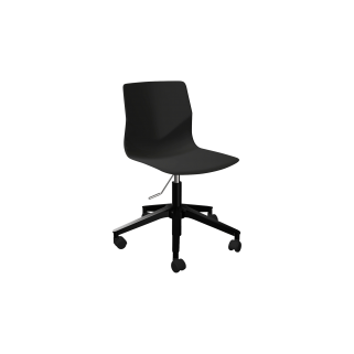 A black pedestal swivel office desk chair with black chair and black legs
