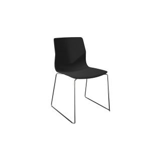 A black chair with 2 chrome legs