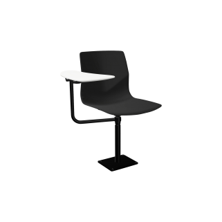 A black pedestal chair with laptop desk attached