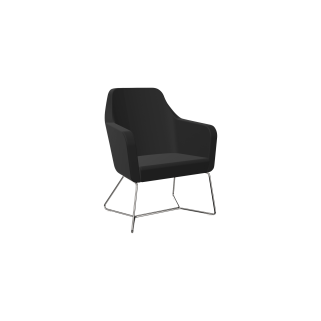 A black upholstered lounge chair with 1 chrome leg
