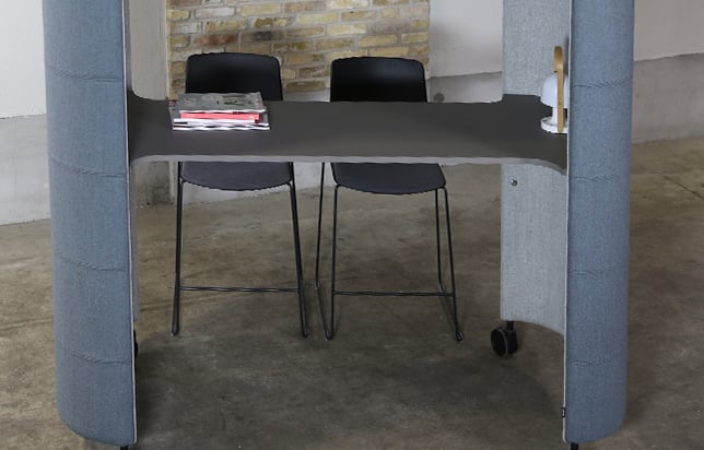 work booth desk with two chairs