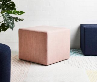Two pink and blue cube stools in front of a plant.