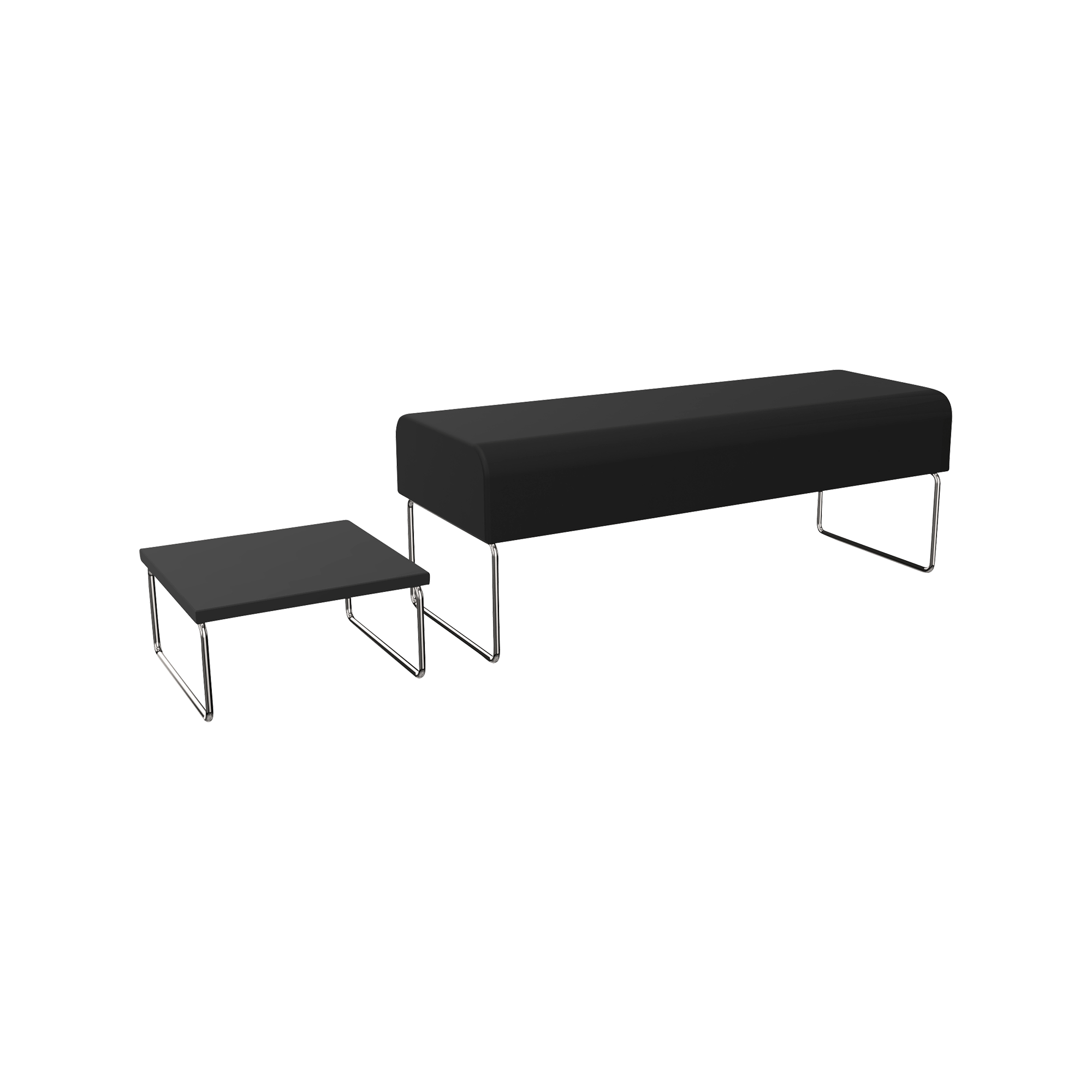 A black upholstered bench and office stool