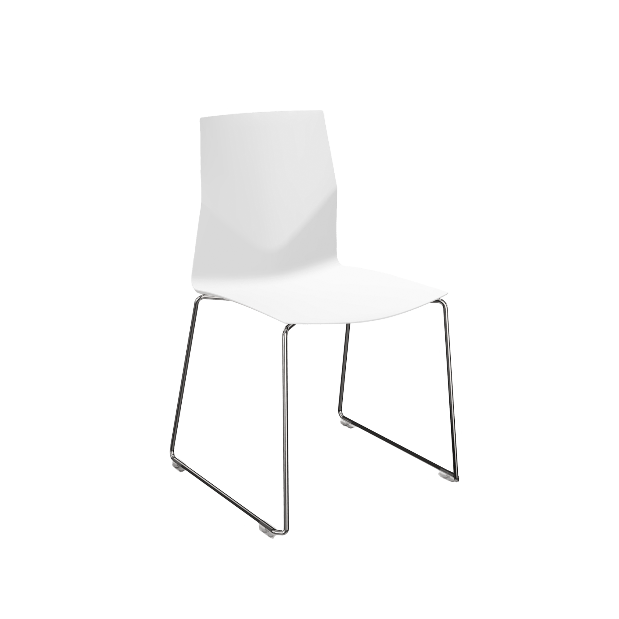 A white two legged chair with a white seat and chrome legs