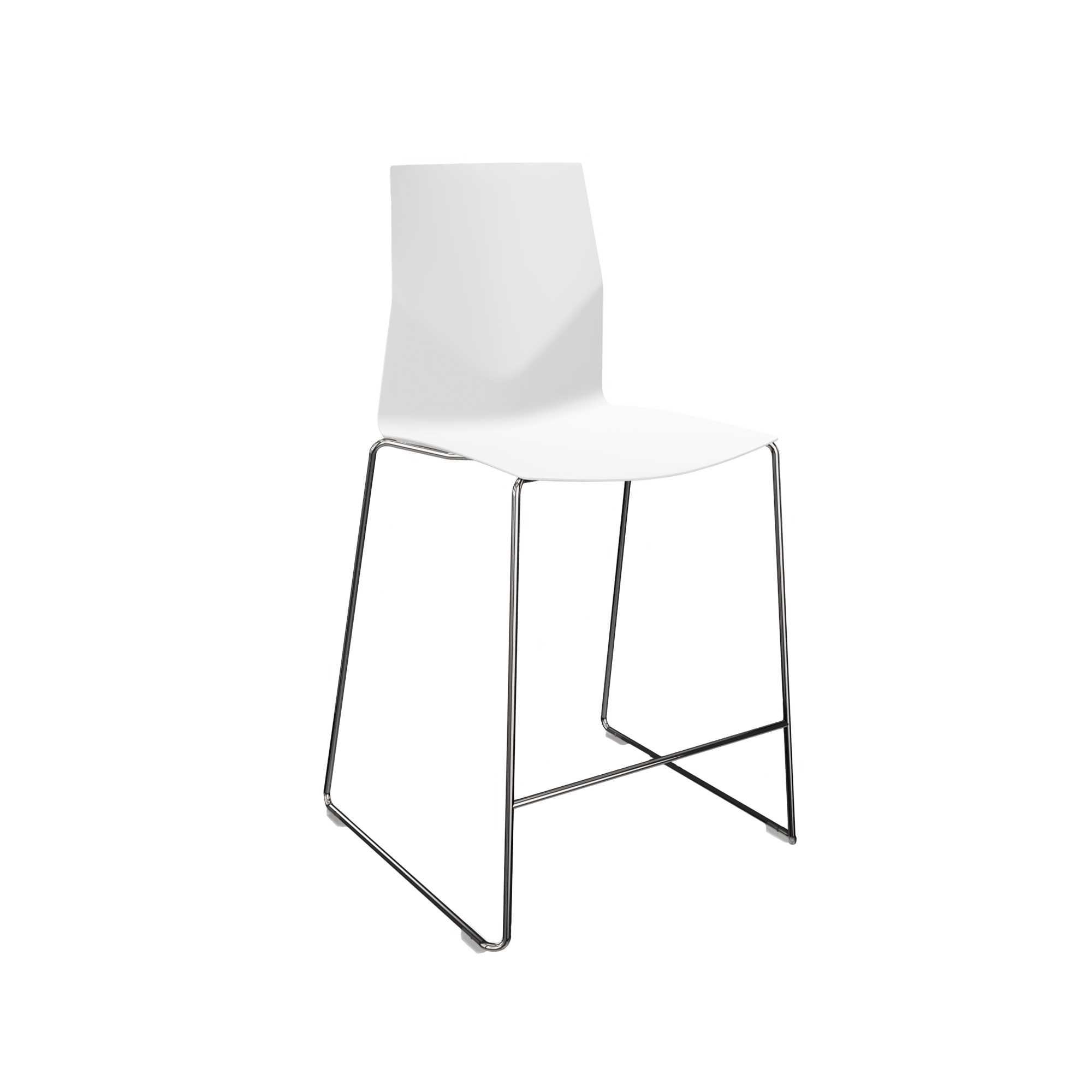 A mid height counter chair with two chrome legs and a white seat