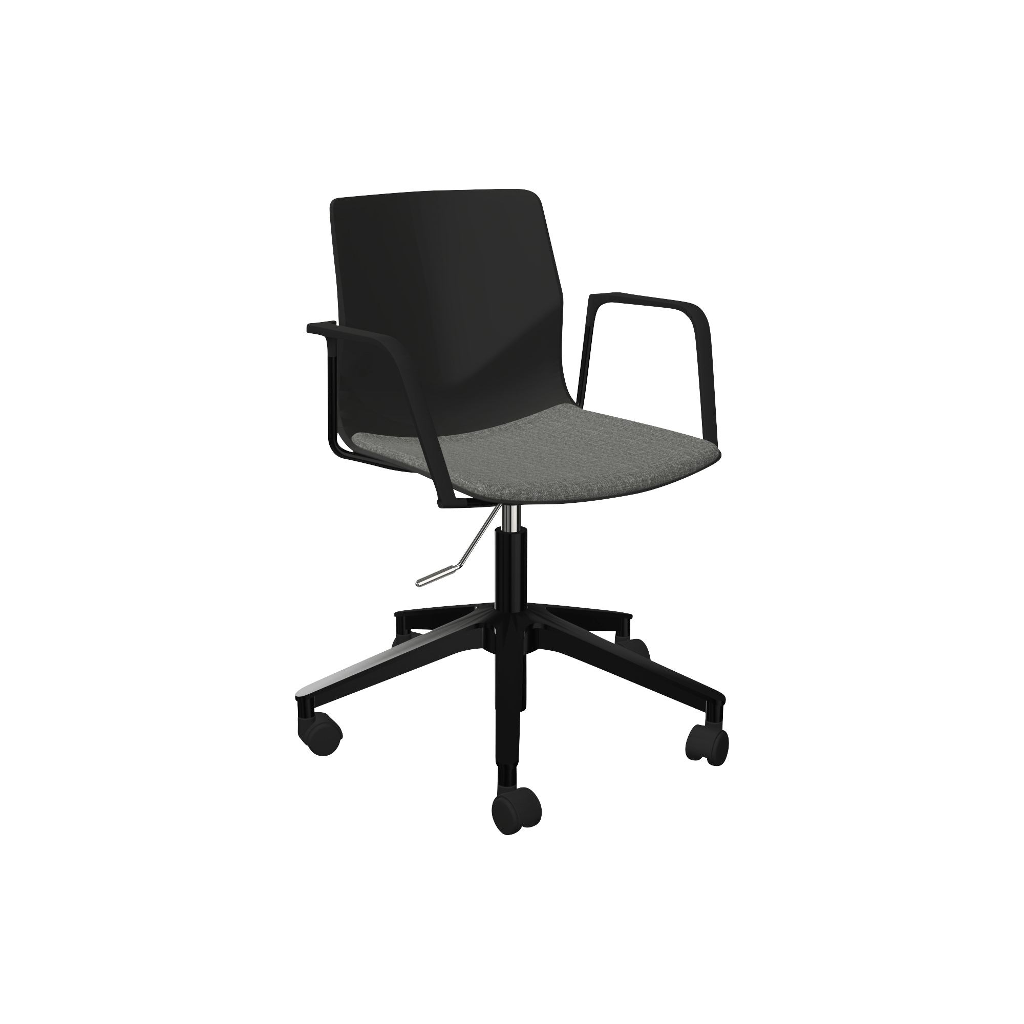 Black and grey adjustable height office chair with wheels and arm rests