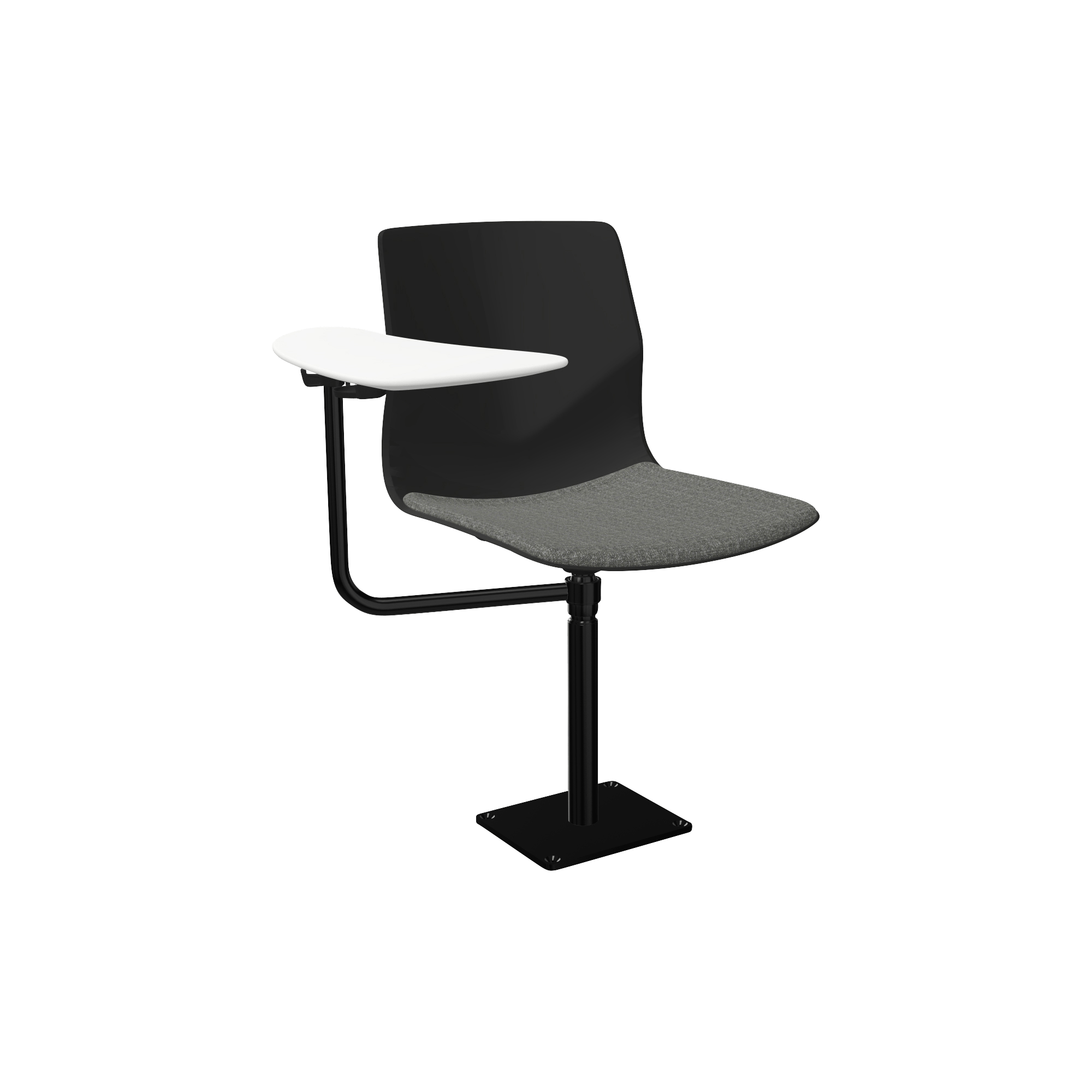 Black pedestal lecture chair with white work desk attached