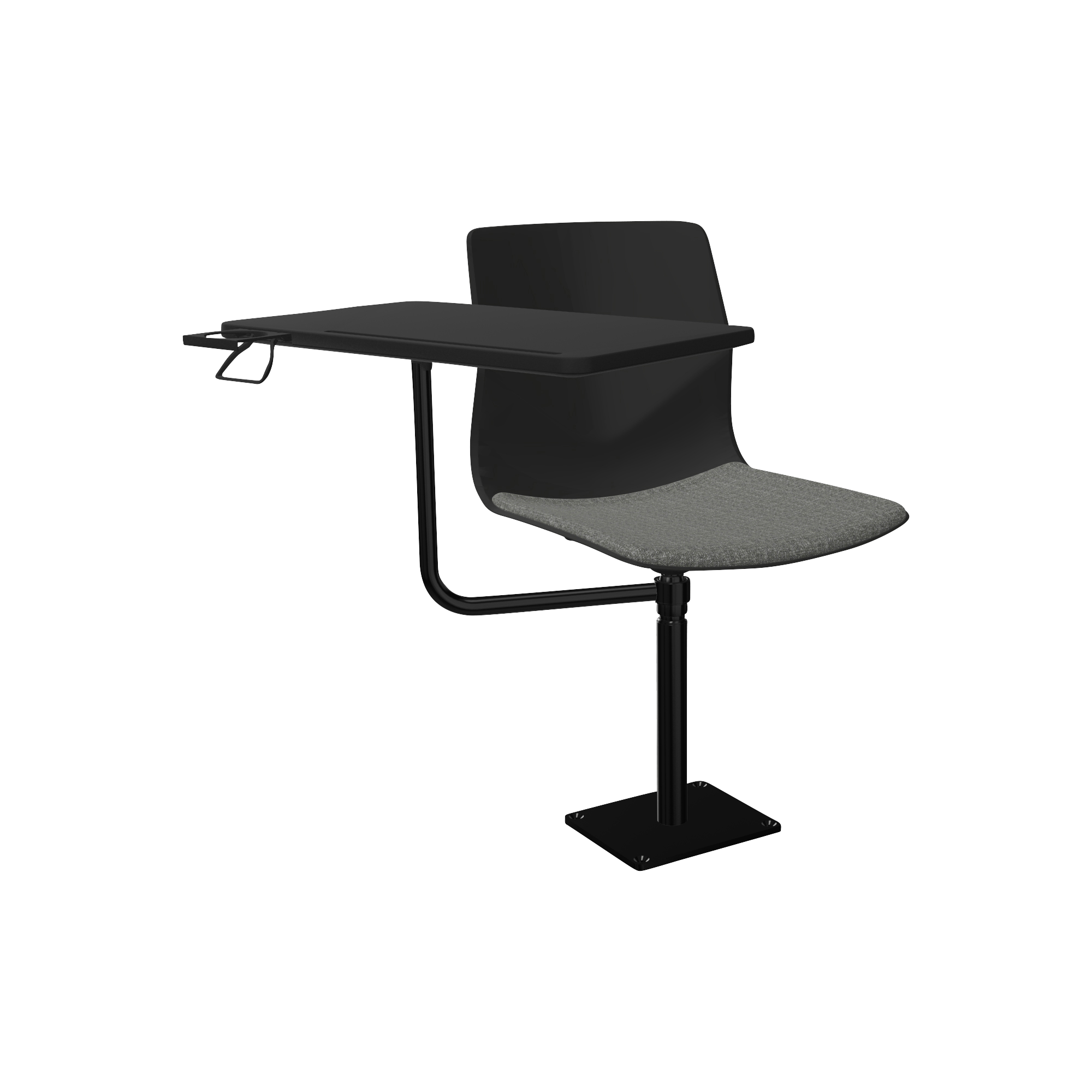Black pedestal lecture chair with work desk attached