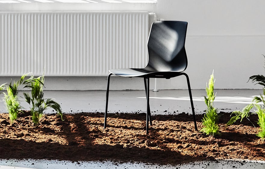 A black office desk chair sits in the dirt next to plants.