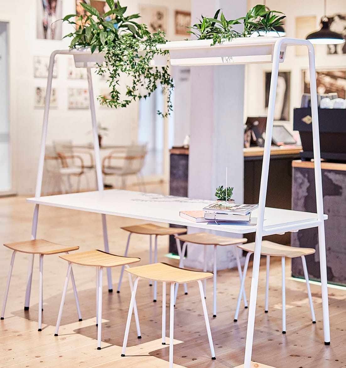 A white community table and chairs in a room with plants. FourReal A 74