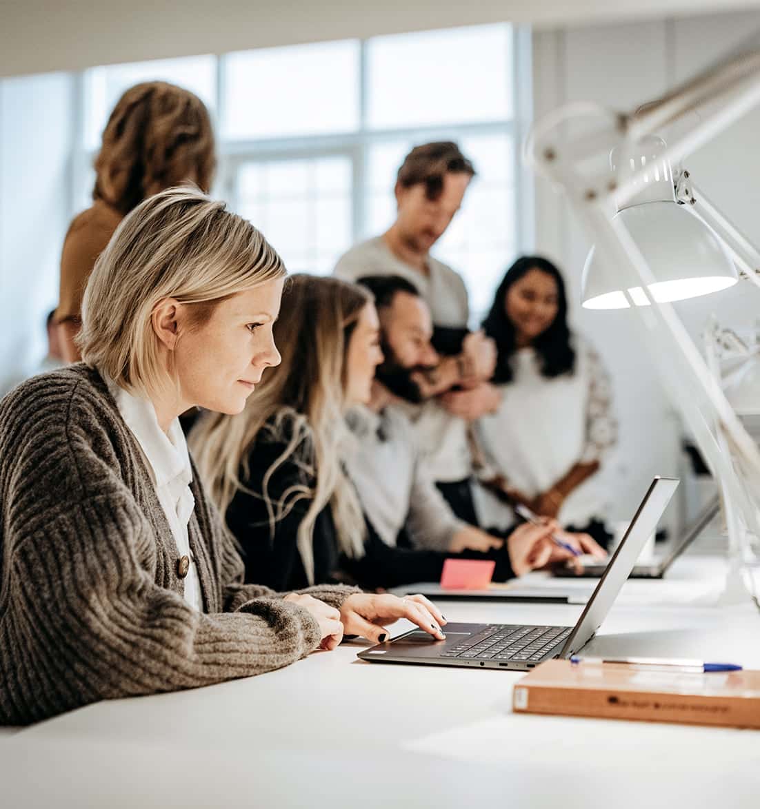 A group of people working on laptops in an office.