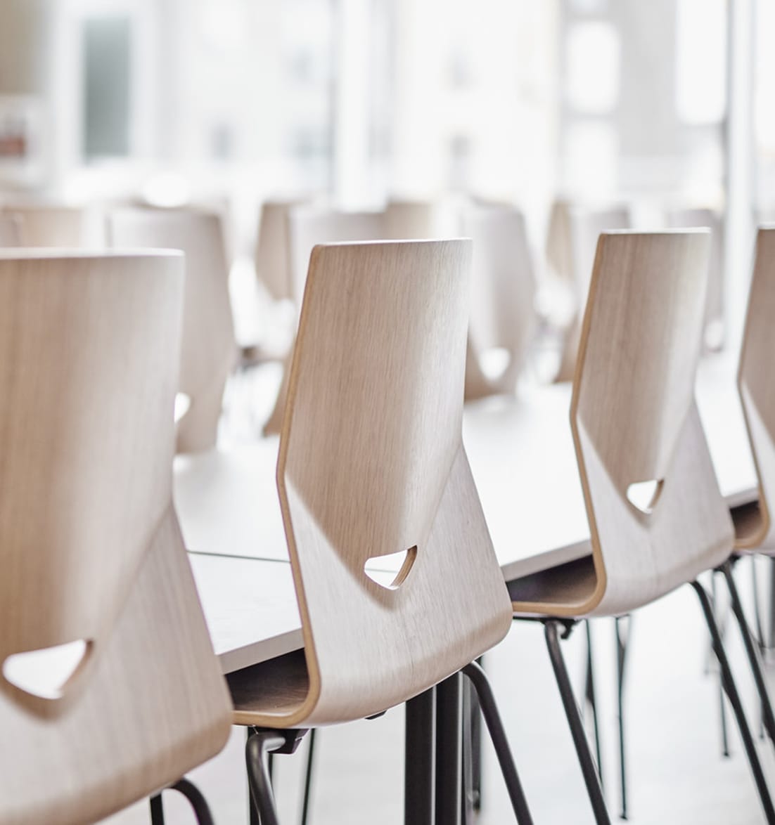 A row of wooden chairs in a conference room.