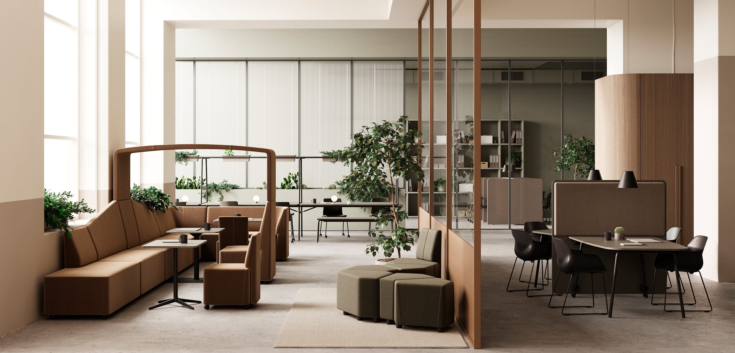 A modern office with a lot of office furniture and plants.