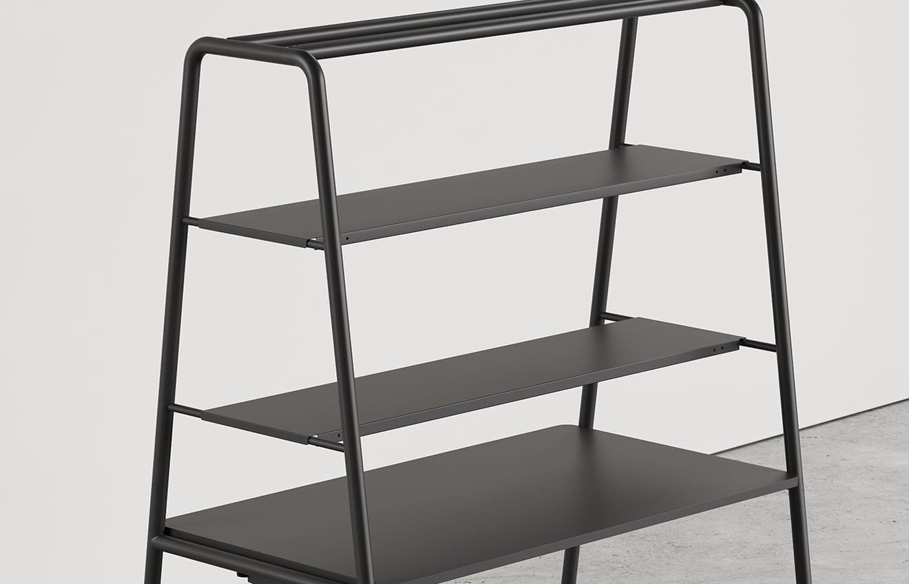 A black unit with shelves on it.