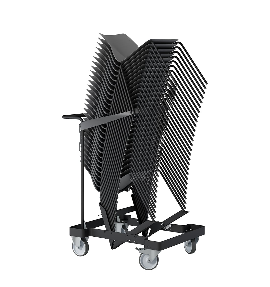 A stack of chairs on a cart with wheels.