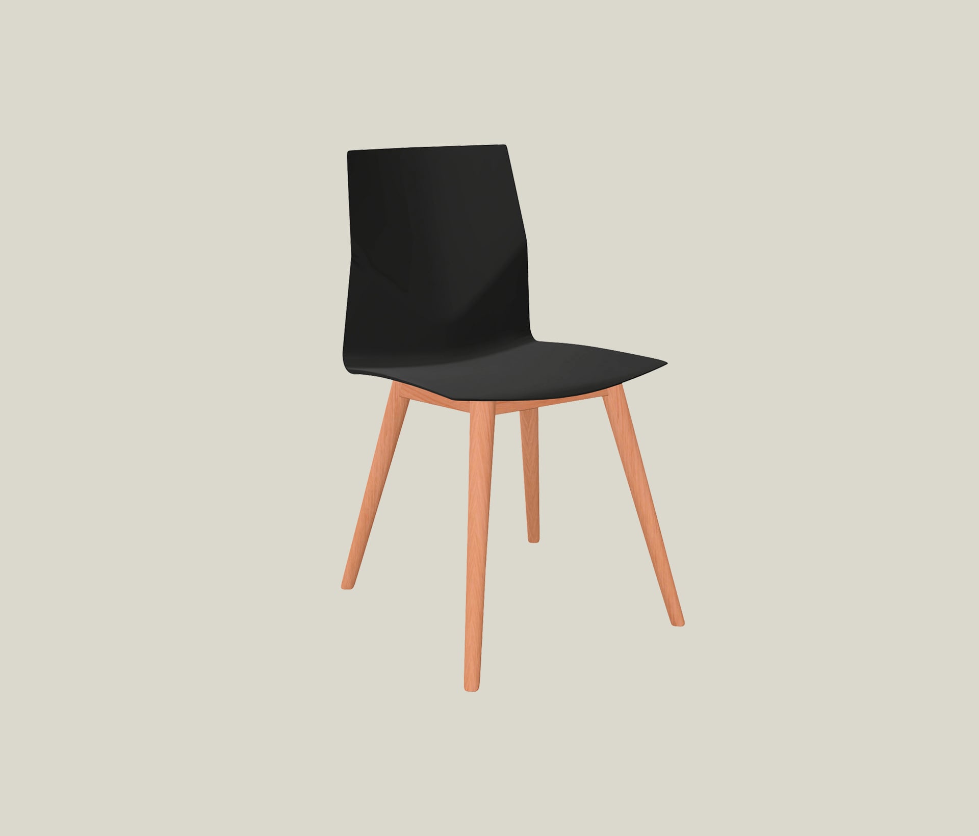 A black chair with wooden legs on a white background.