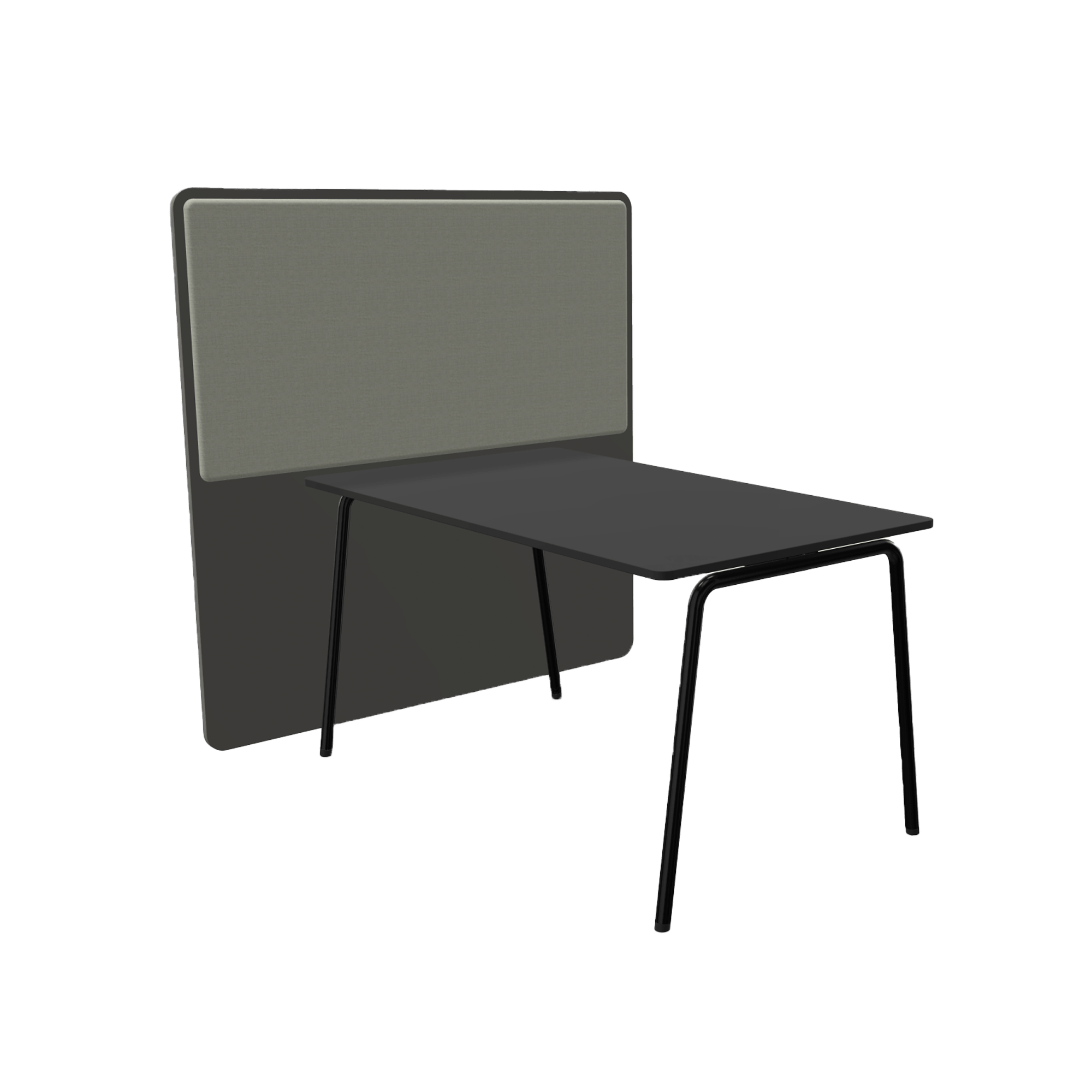 A black table with black legs and a black office screen divider attached to one side with an acoustic panel on it.