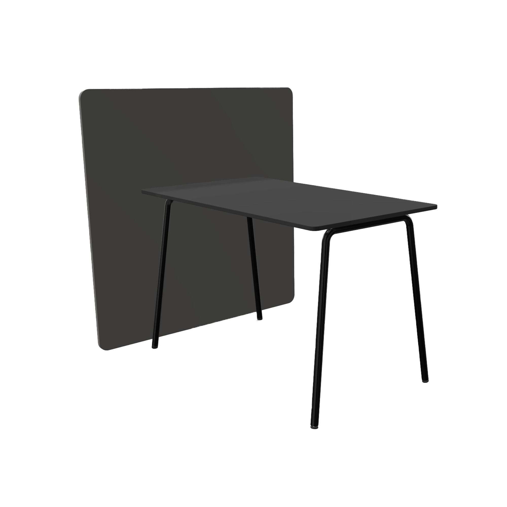 A black counter height rectangular table with black legs and a black office screen divider attached to one side