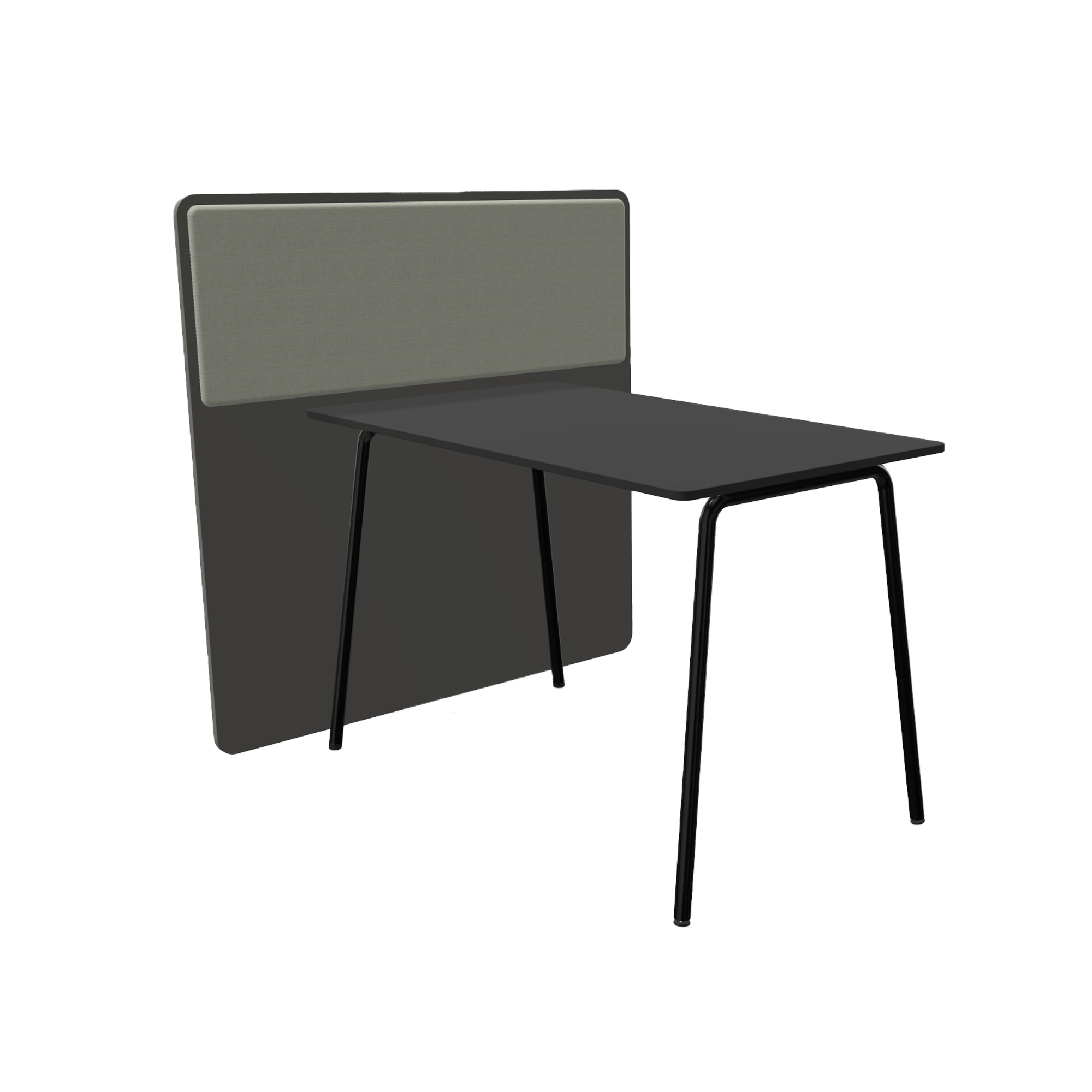 A black table with black legs and a black office screen divider attached to one side and an acoustic panel on it