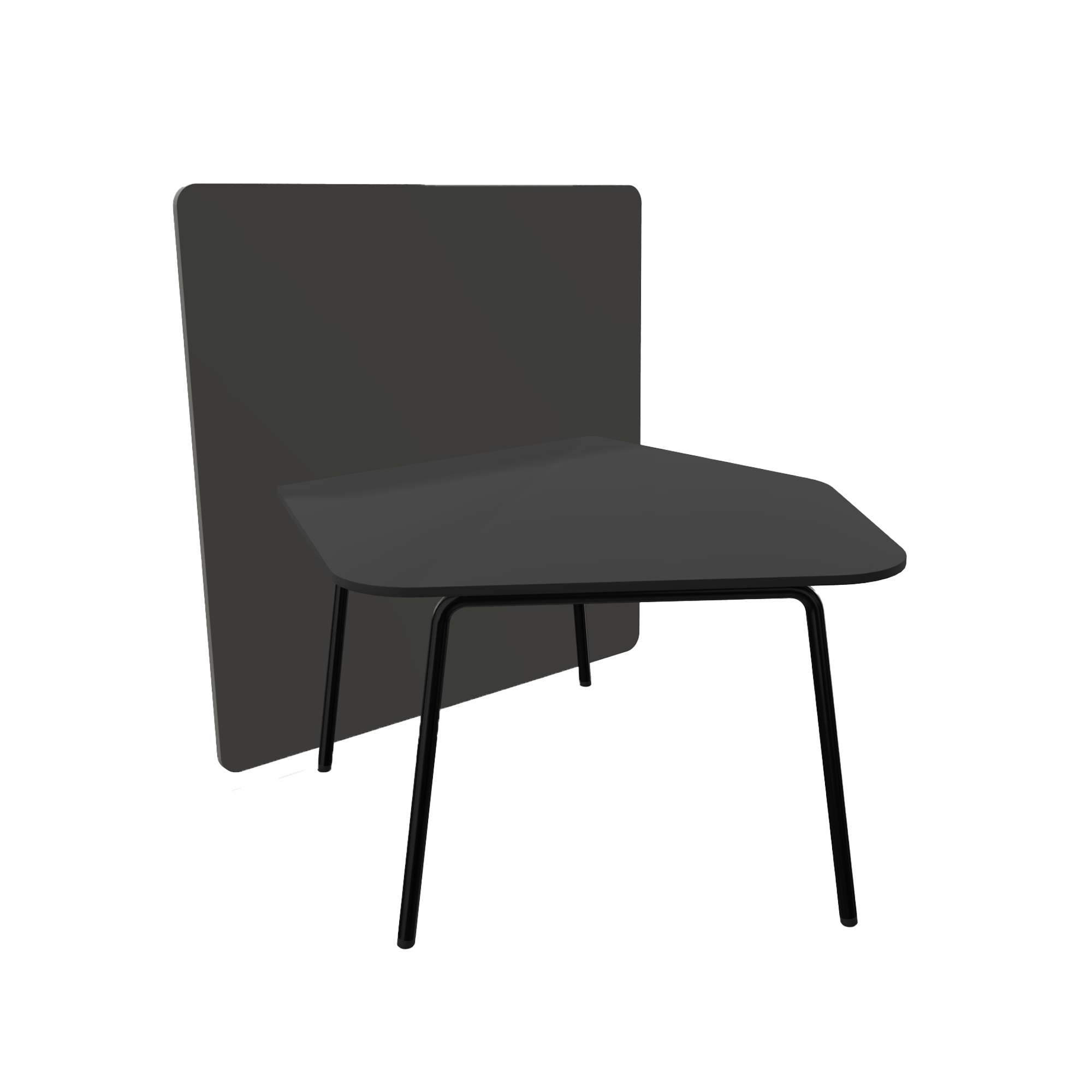 A black table with black legs and a black office screen divider attached to one side