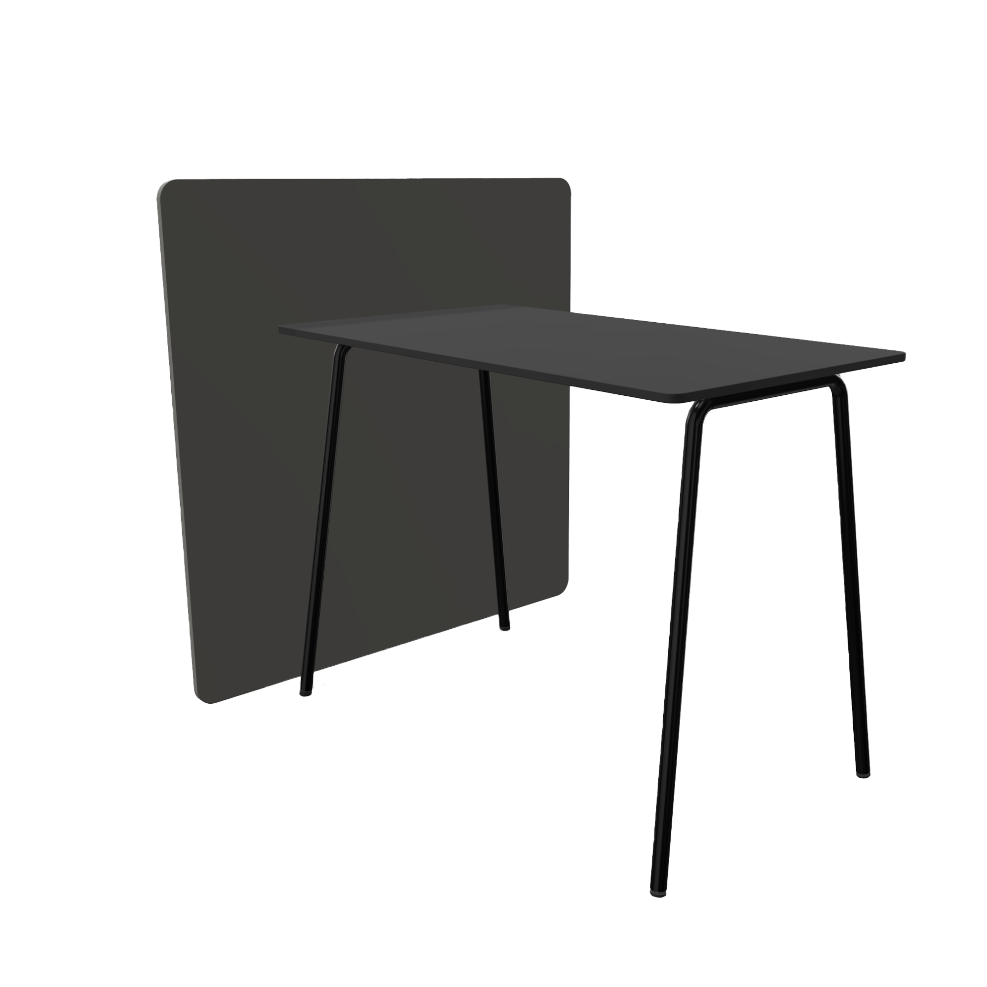 A black counter height table with black legs and a black office screen divider attached to one side