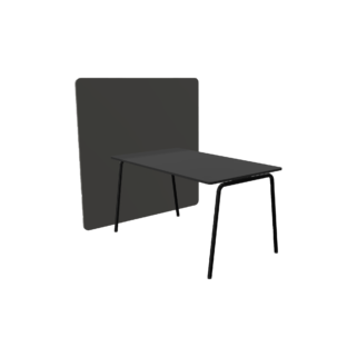 A black rectangular table with black legs and a black office screen divider attached to one side