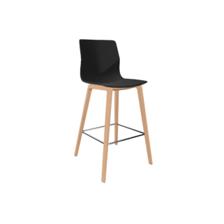 A black counter height chair with wooden legs