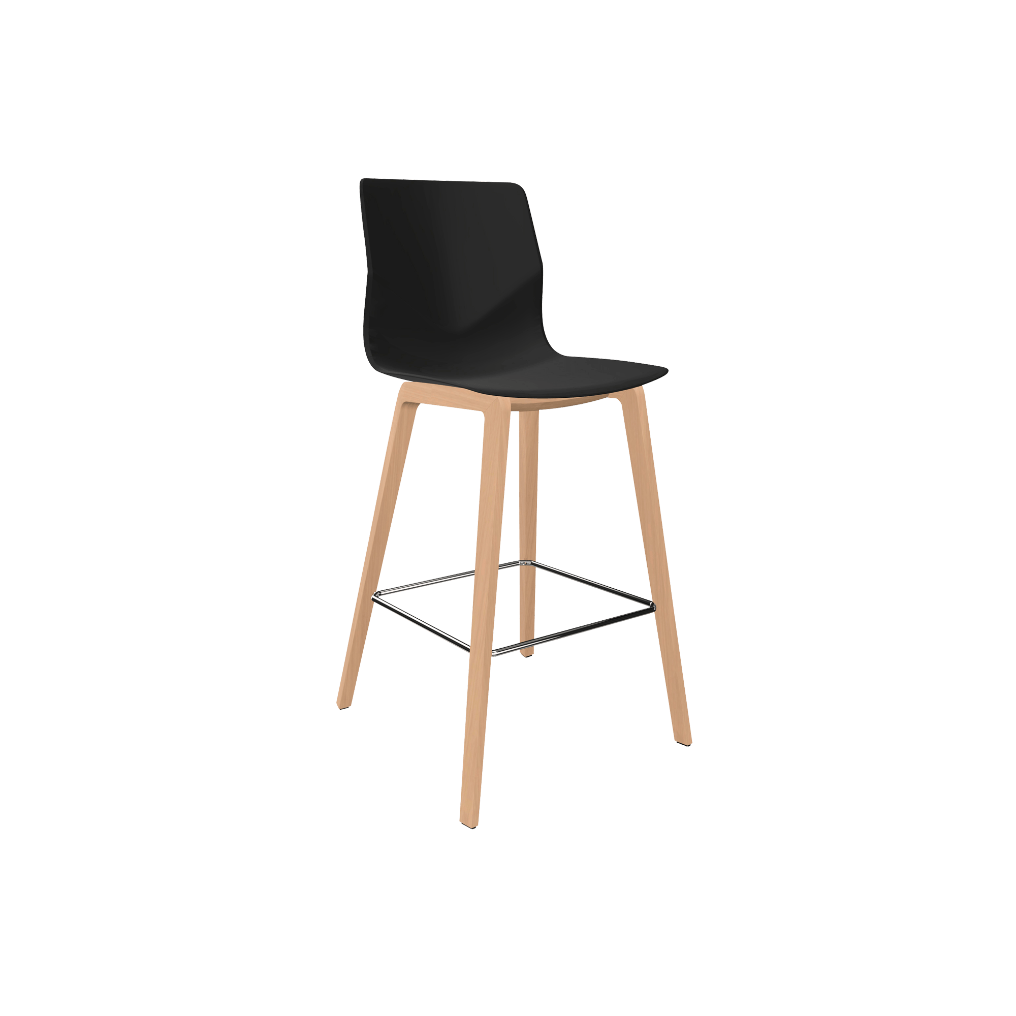A black counter height chair with wooden legs