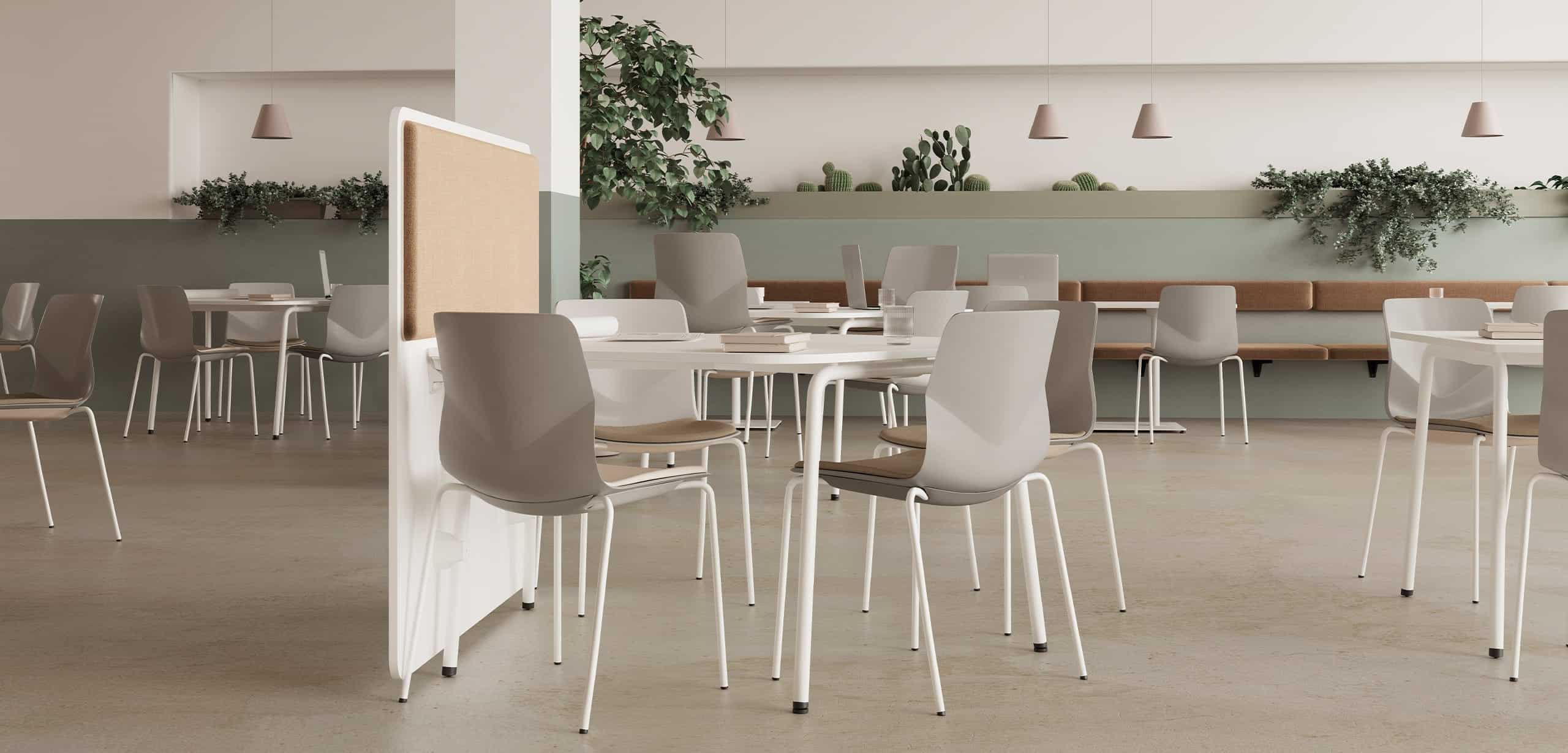 A white and grey dining room with chairs and tables.