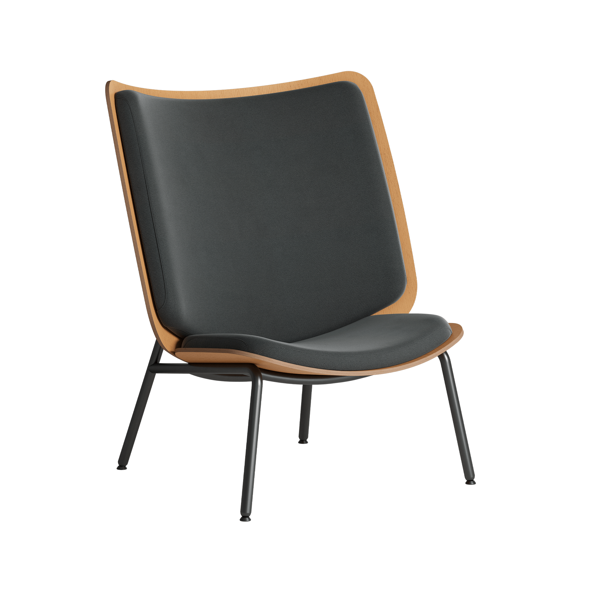 The lounge chair with black leather and wooden frame.