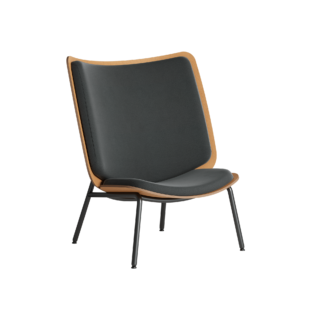 A black and orange lounge chair with a wooden frame.