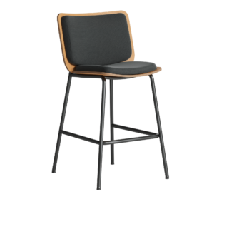 A black bar stool with a wooden seat.