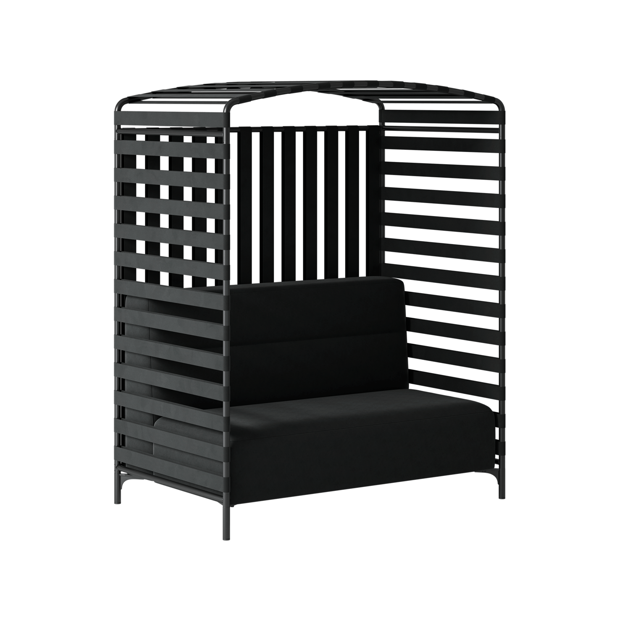 Office sofa with three sided enclosed slatted panels and roof