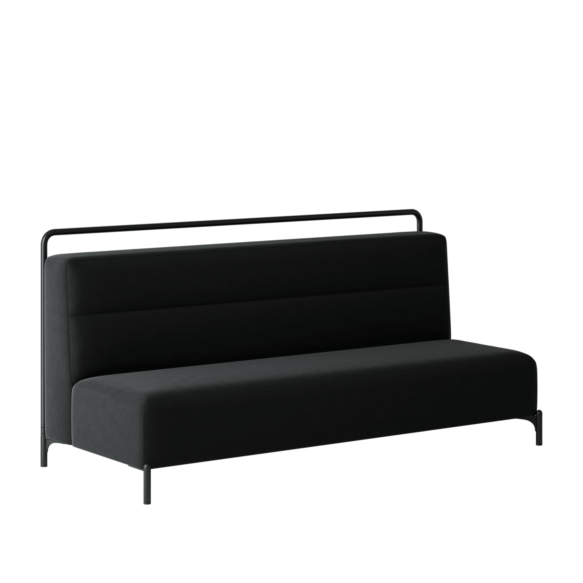 A black sofa with a metal frame