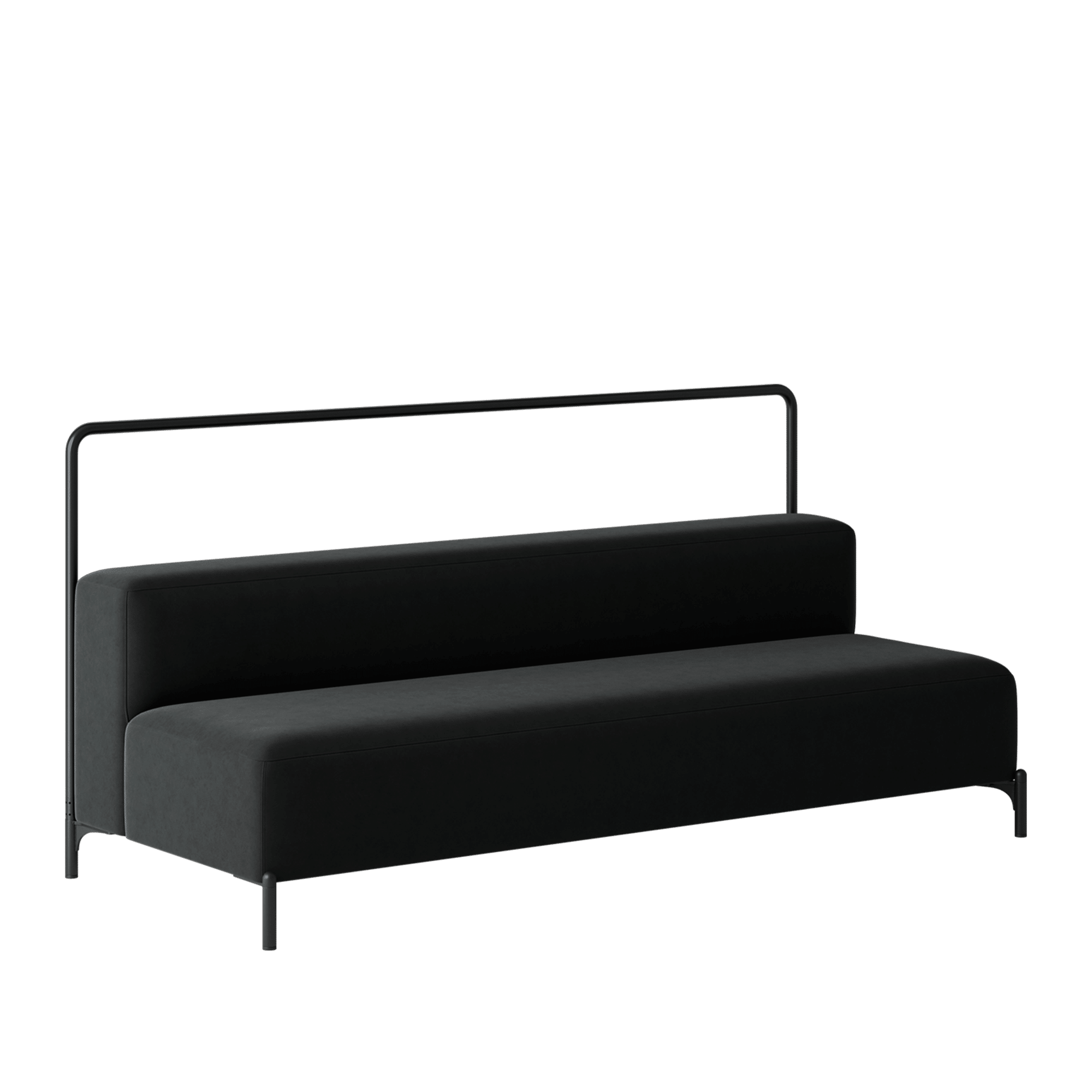 A black sofa with a metal frame