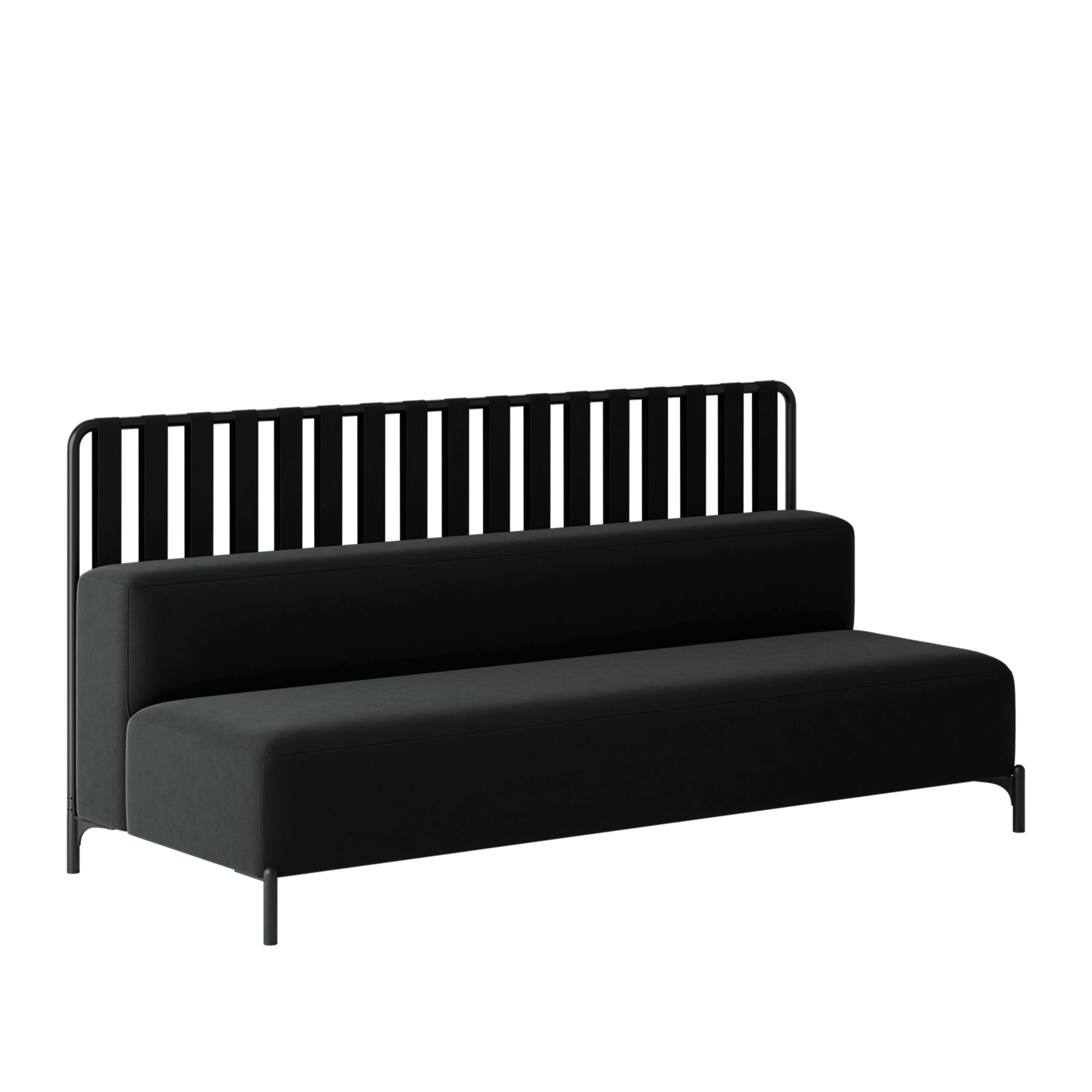 A black sofa with a metal frame