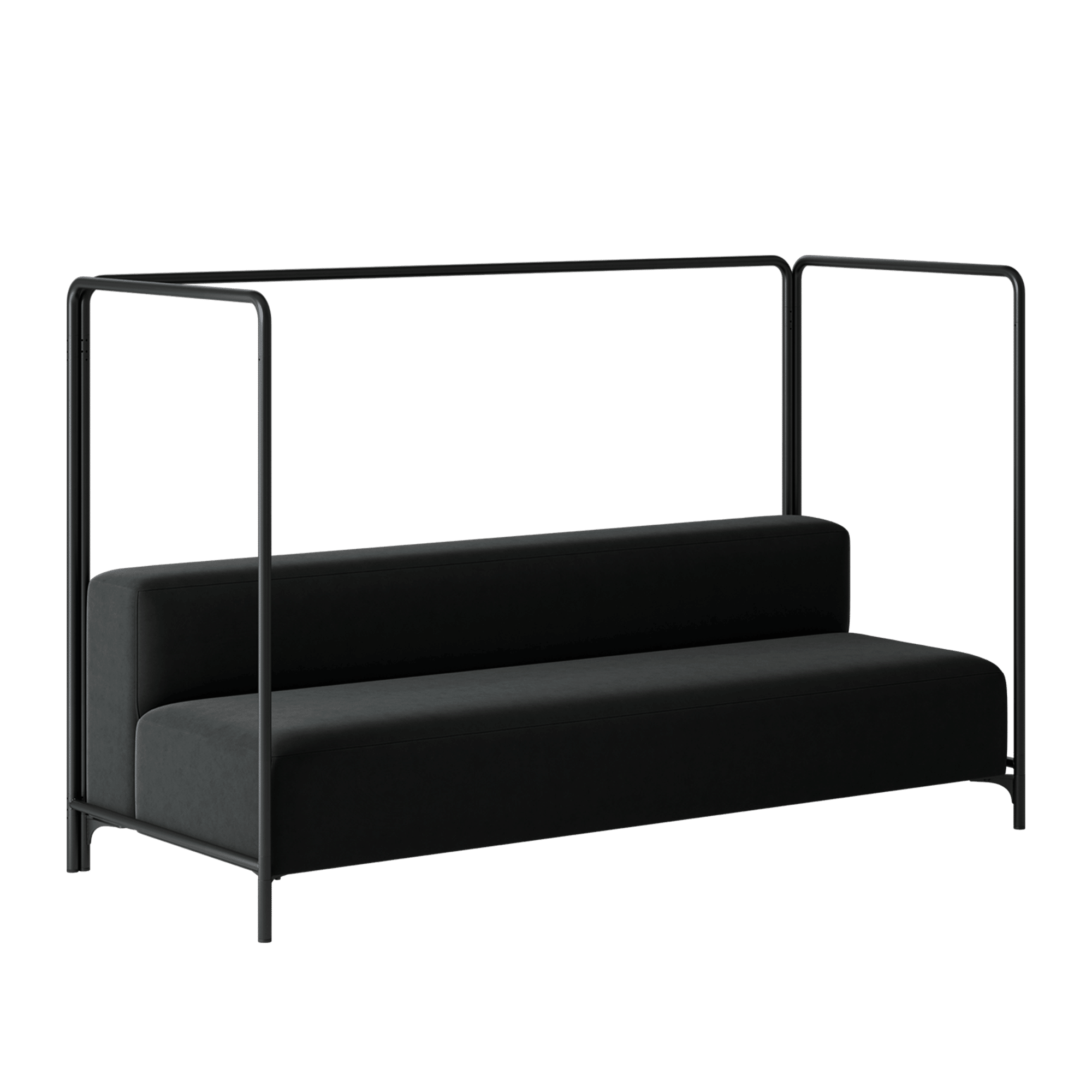 A black sofa with a metal frame